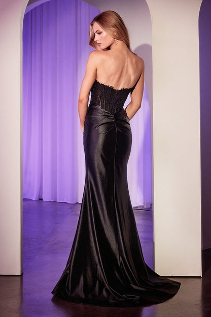 Satin Strapless Gown With Lace Detailing