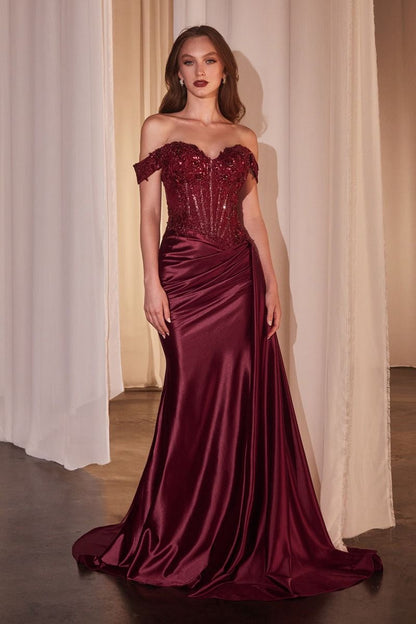 Off The Shoulder Lace & Satin Fitted Gown