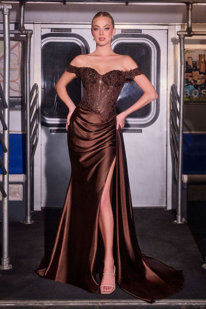 Off The Shoulder Lace & Satin Fitted Gown