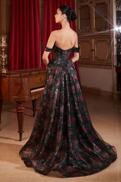 Black Off The Shoulder Ball Gown With Floral Underlay