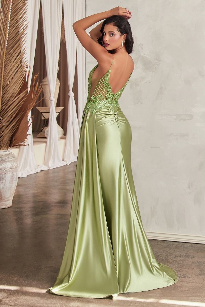 Satin Fiitted Gown With Sash & Lace Detail