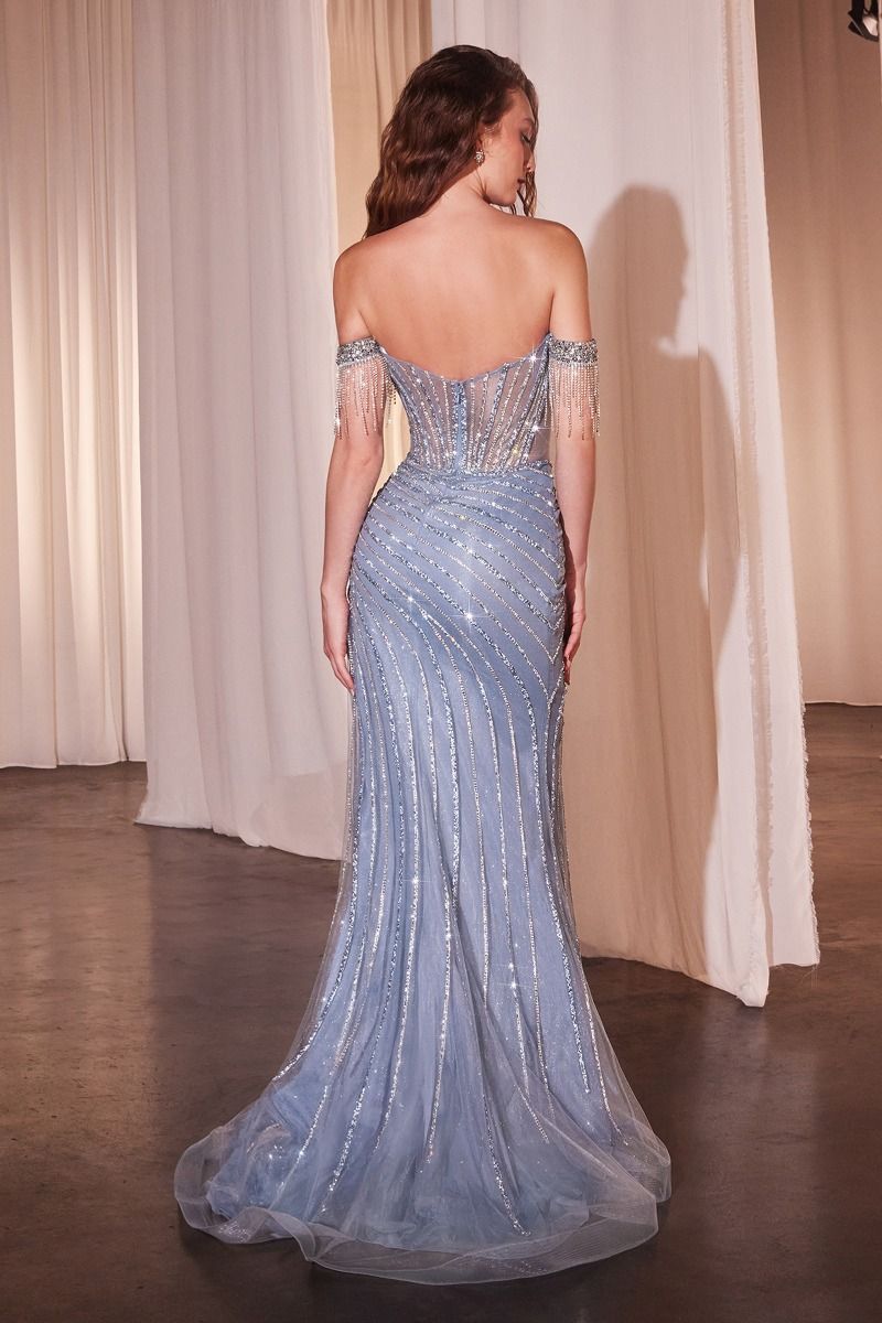 Off-the-Shoulder Long Beaded Prom Dress with Fringe Blue / 2 Off-the-Shoulder Long Beaded Prom Dress with Fringe Blue / 2