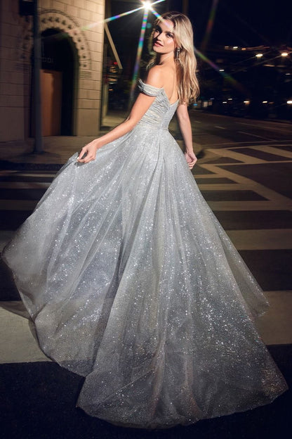 Off The Shoulder Fitted Glitter Gown