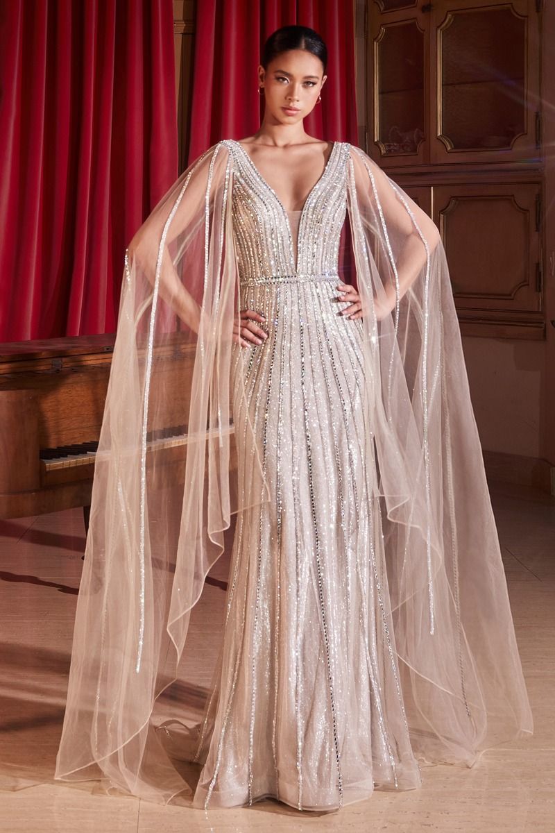 Embellished Long Cape Sleeve Gown