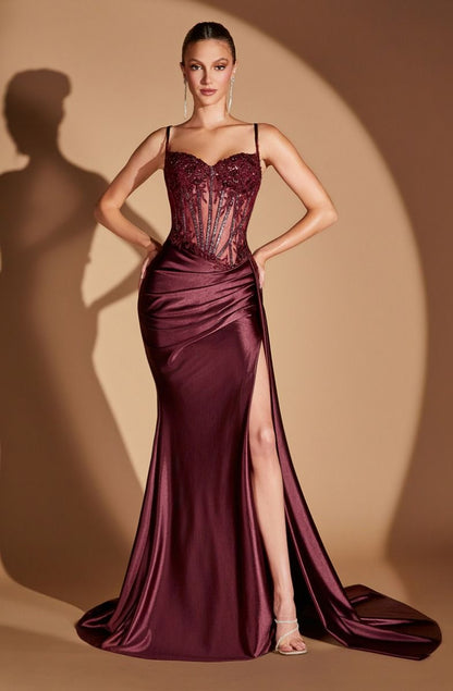 Embellished Lace & Satin Fitted Gown