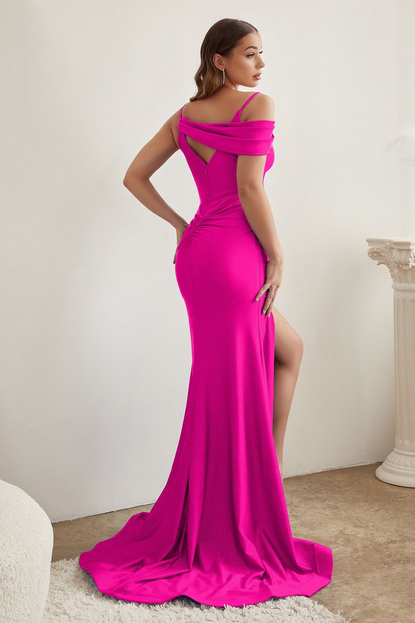 Asymmetrical Shoulders Stretch Satin Fitted Gown
