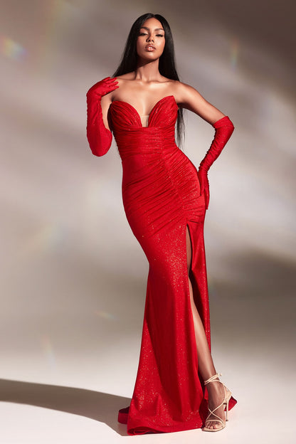 Strapless Glitter Stretch Gown With Gloves