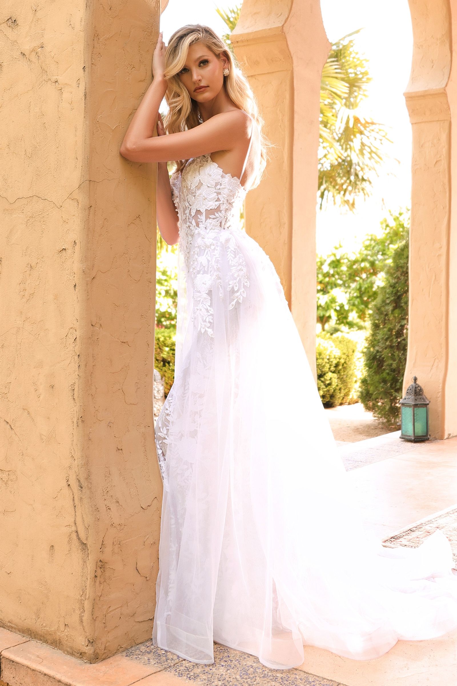 Ladivine CD931W Lace Wedding Gown with Overskirt, Off White / 8 Ladivine CD931W Lace Wedding Gown with Overskirt, Off White / 8