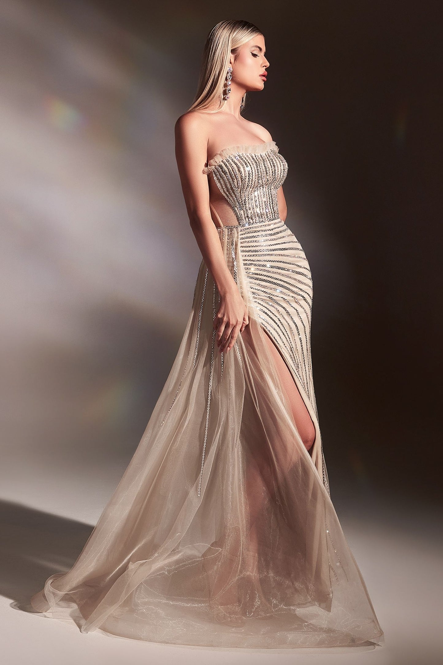 Fitted Nude Gown With Right Side Overskirt And Rhinestone Details