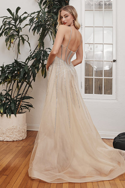 Beaded Fitted Gown With Tulle Over Skirt