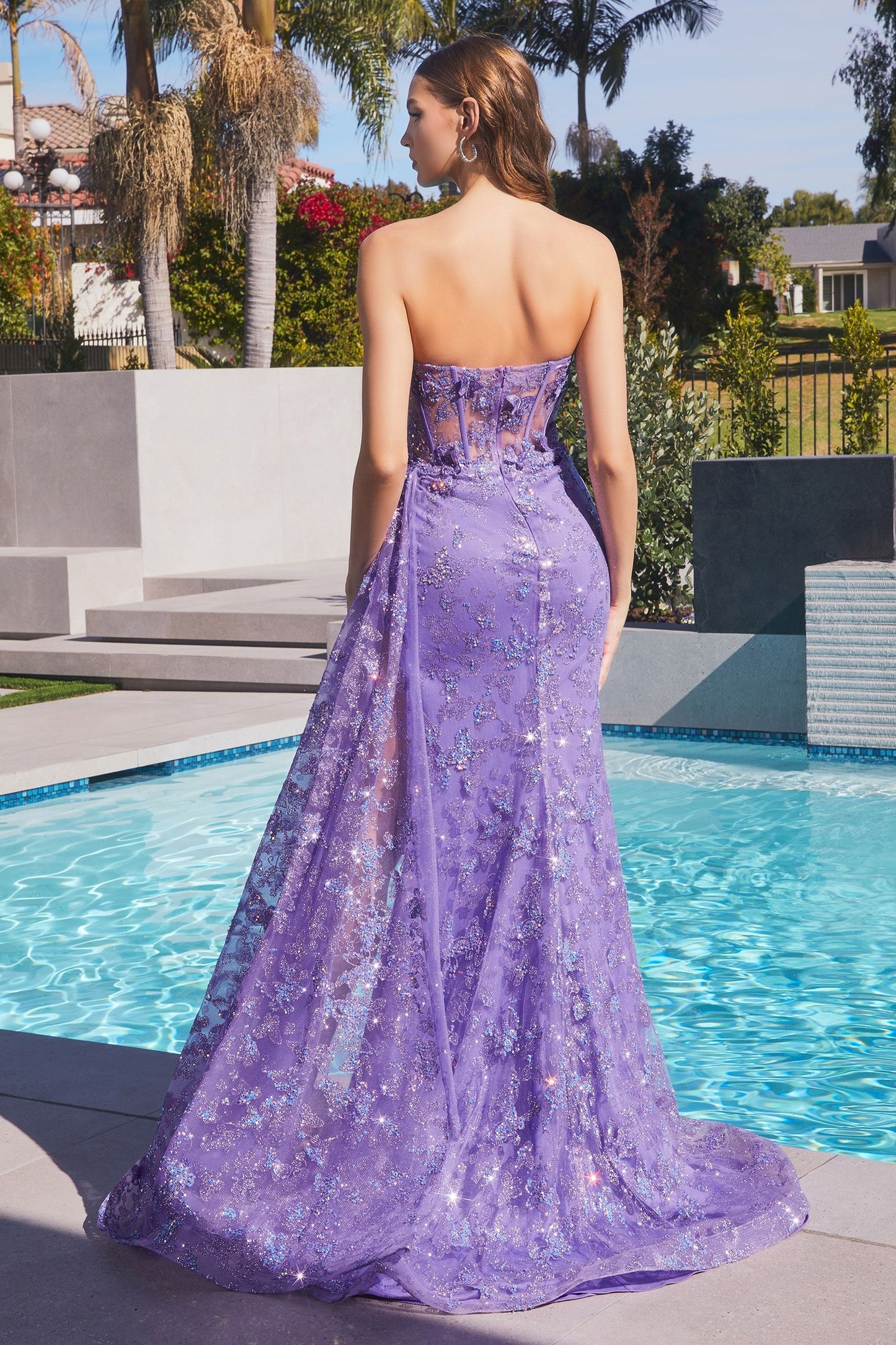 Strapless Butterfly Applique Gown
