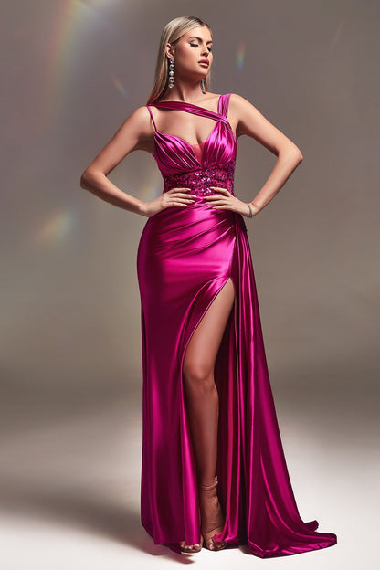 Fitted Satin Gown With Lace Detail