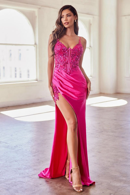 Stretch Satin Glitter & Lace Fitted Gown