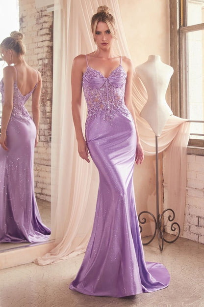 Fitted Glitter & Lace Stretch Satin Gown