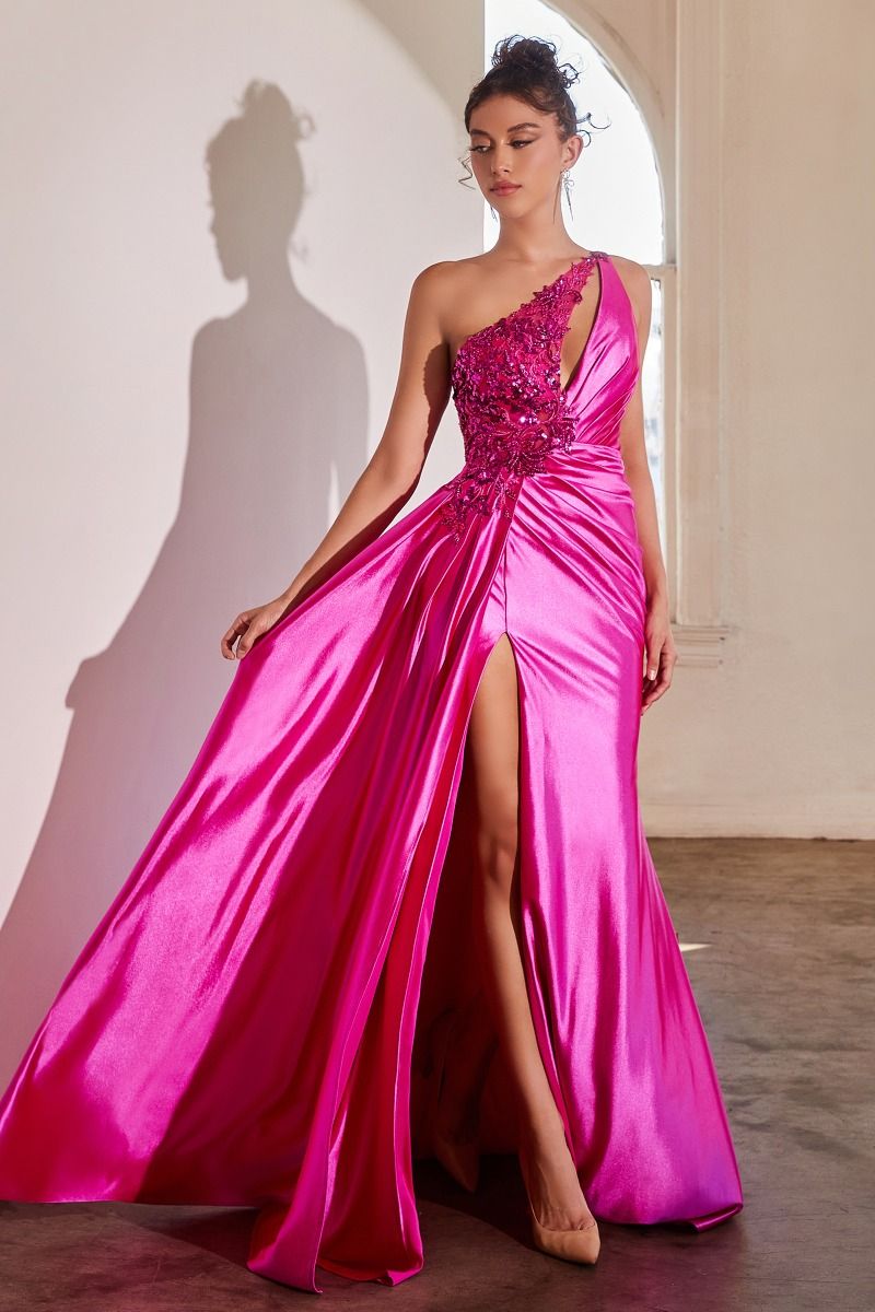 One Shoulder Embellished Satin Gown