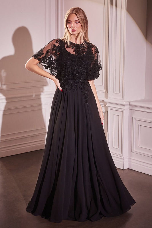 Chiffon A-Line Beaded Lace Bodice Dress With Removable Cape