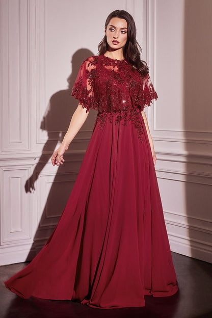 Chiffon A-Line Beaded Lace Bodice Dress With Removable Cape