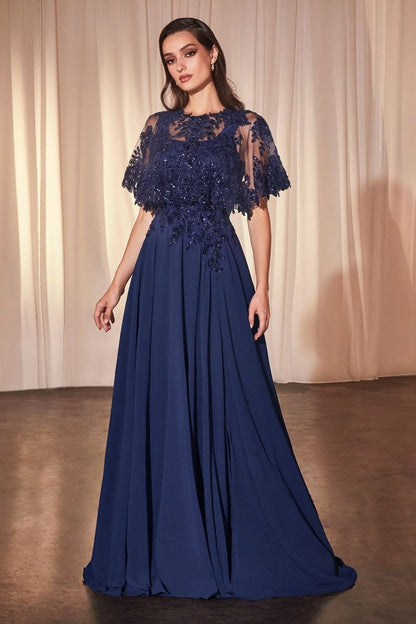 Chiffon A-Line Beaded Lace Bodice Dress With Removable Cape