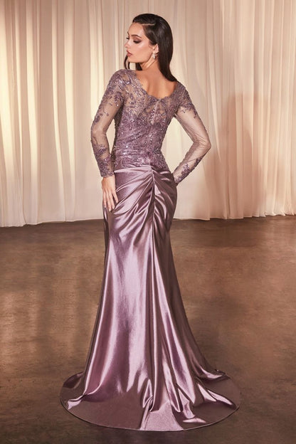 Lace Long Sleeve Satin Fitted Gown