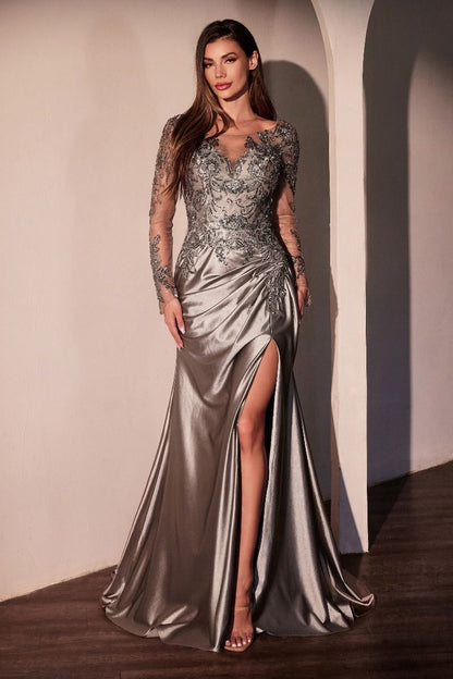 Lace Long Sleeve Satin Fitted Gown