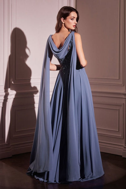 Chiffon A-Line Gown & Long Cape Sleeves