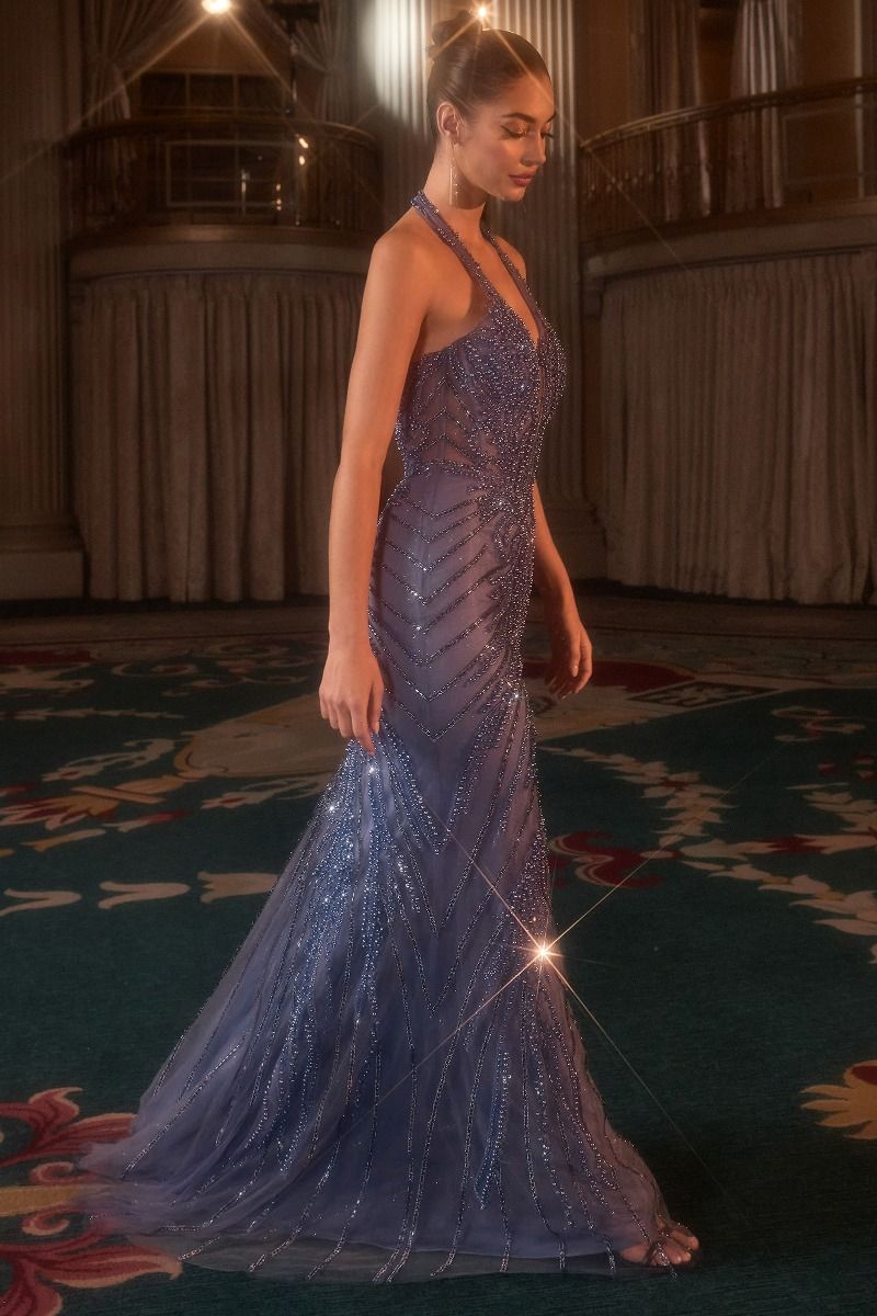 Fitted Halter Beaded Gown