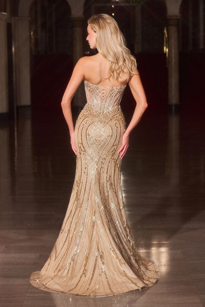 Strapless Beaded Corset Gown with Lace-Up Back