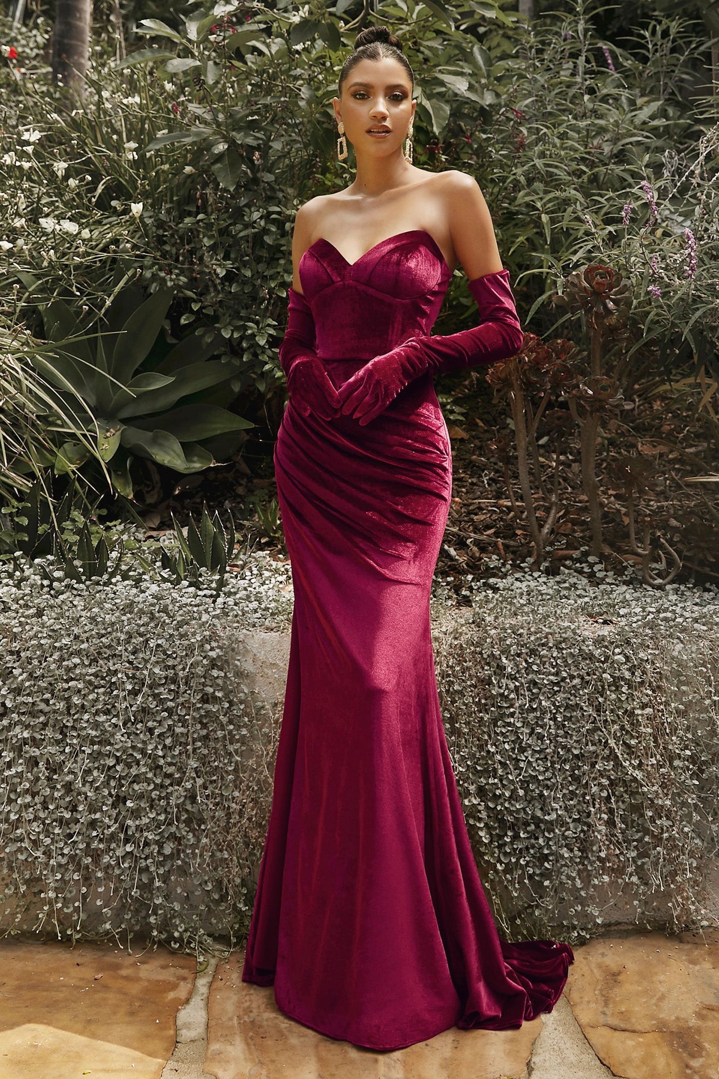 Velvet Strapless Fitted Gown With Gloves