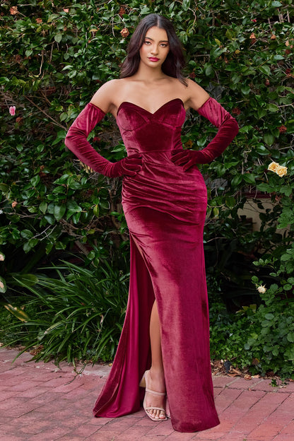 Velvet Strapless Fitted Gown With Gloves