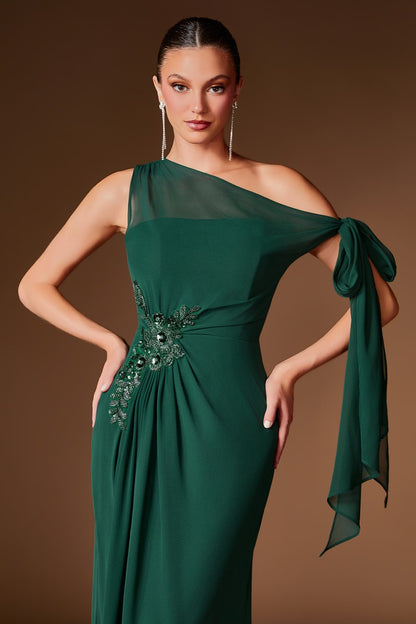 Elegant One-Shoulder Chiffon Formal Gown | Beaded Waist & Draped Sash | Mother Of The Bride Dress