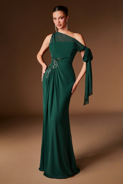 Elegant One-Shoulder Chiffon Formal Gown | Beaded Waist & Draped Sash | Mother Of The Bride Dress