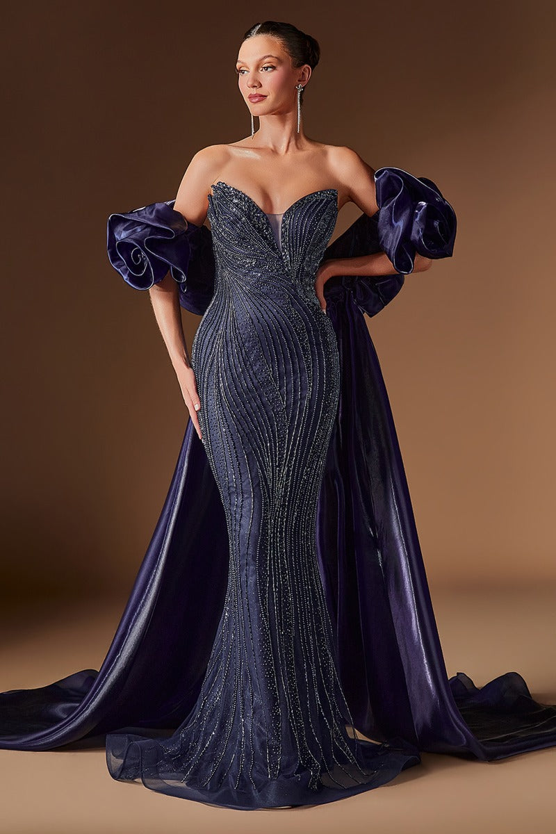 Dazzling Beaded Mermaid Gown With Illusion Corset, Detachable Puff Sleeves & Overskirt - Formal Evening & Pageant Dress