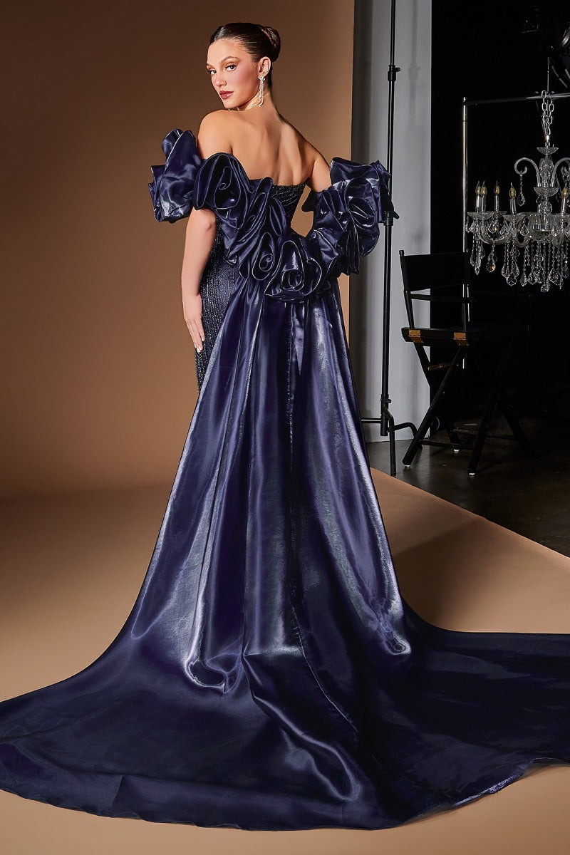 Dazzling Beaded Mermaid Gown With Illusion Corset, Detachable Puff Sleeves & Overskirt - Formal Evening & Pageant Dress
