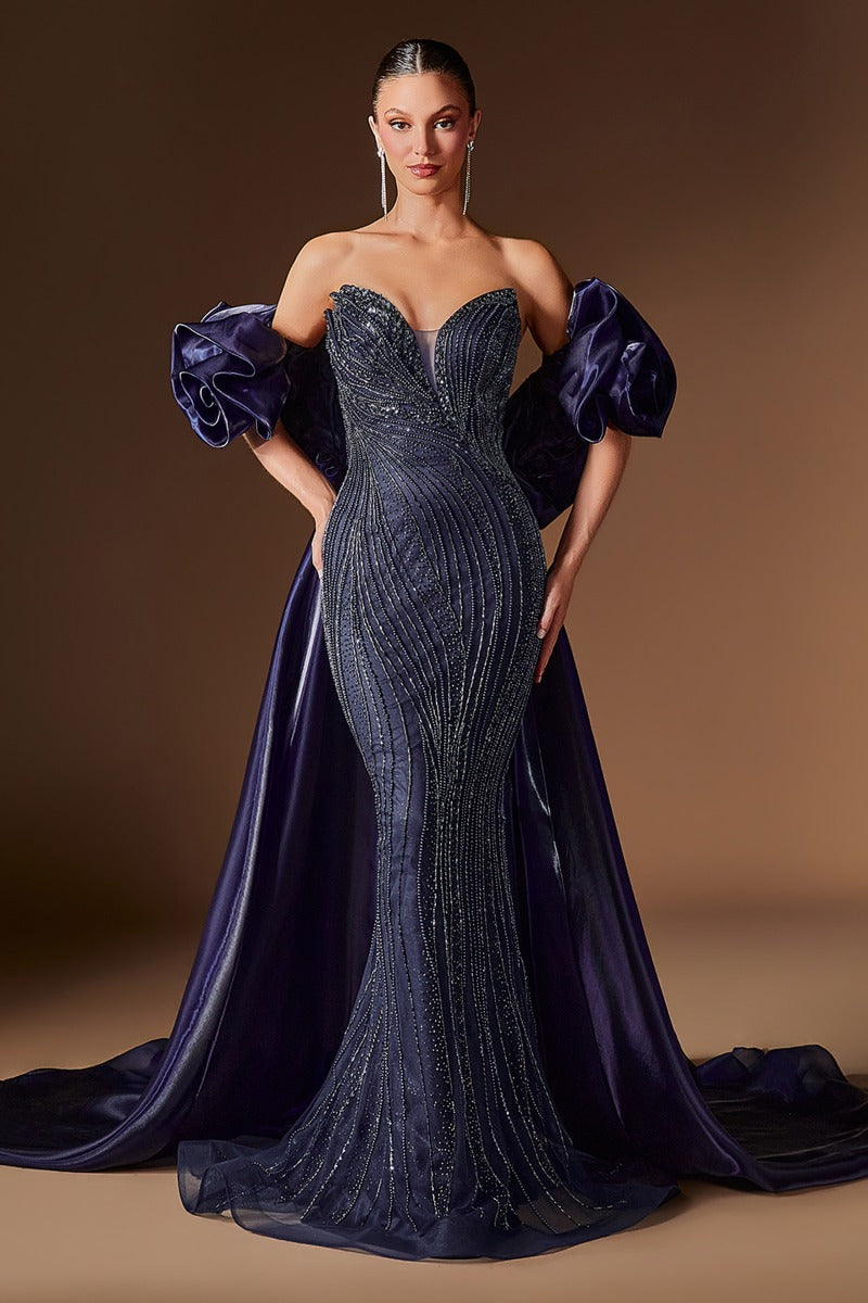 Dazzling Beaded Mermaid Gown With Illusion Corset, Detachable Puff Sleeves & Overskirt - Formal Evening & Pageant Dress
