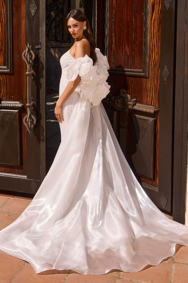 Shimmering Crystal Mermaid Wedding Gown With Detachable Sleeves & Overskirt | Two-Look Bridal Dress