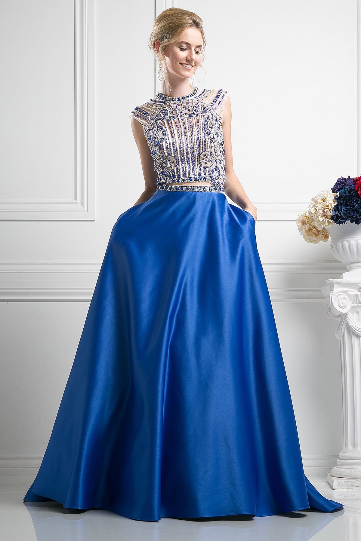 Beaded Bodice Satin Ball Gown