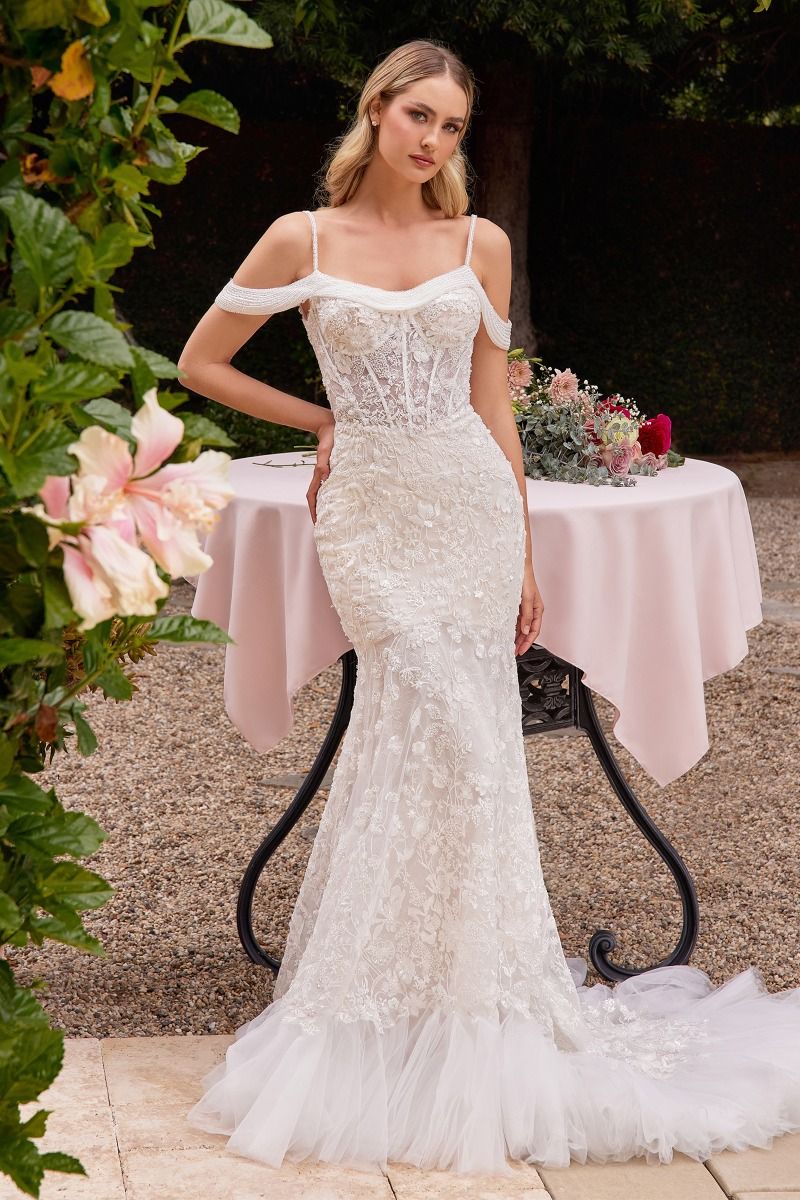 LADA Off Shoulder Lace Beaded Bridal Wedding Dress Off White / 10 USA LADA Off Shoulder Lace Beaded Bridal Wedding Dress Off White / 10 USA