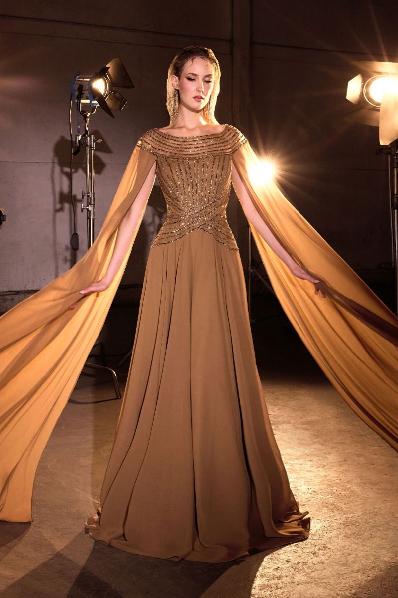 A-Line Evening Gown with a Bateau Neckline and a Beaded Bodice
