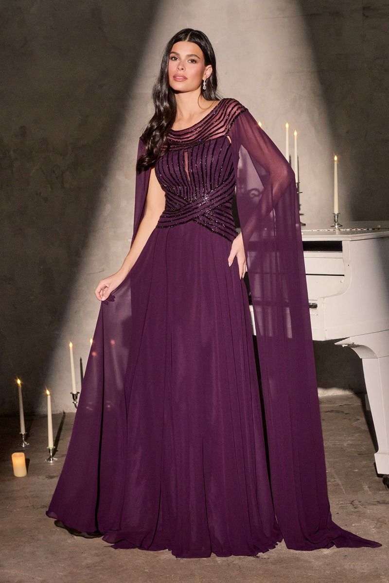 A-Line Evening Gown with a Bateau Neckline and a Beaded Bodice