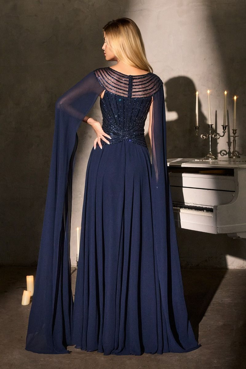 A-Line Evening Gown with a Bateau Neckline and a Beaded Bodice