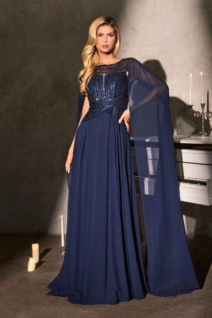 A-Line Evening Gown with a Bateau Neckline and a Beaded Bodice