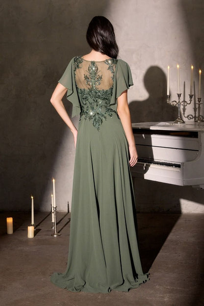 A-Line Silhouette Dress, Illusion Neckline, Sequin Embroidery and Ruffled Sleeves