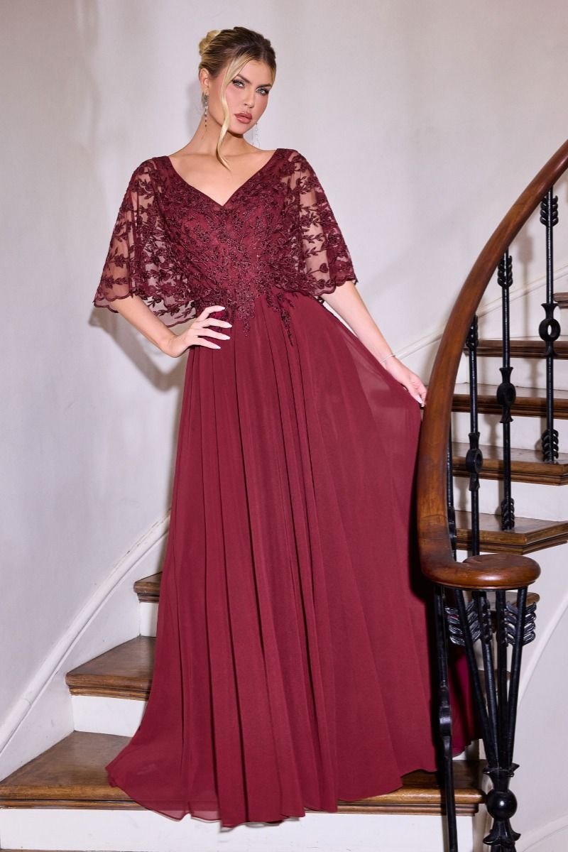 Flowing Gown V-Neckline and a Embroidered Lace Bodice