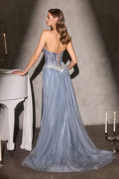 Strapless Fitted Dress Beaded Corset Bodice Satin Skirt Slit Detachable Tulle Overskirt
