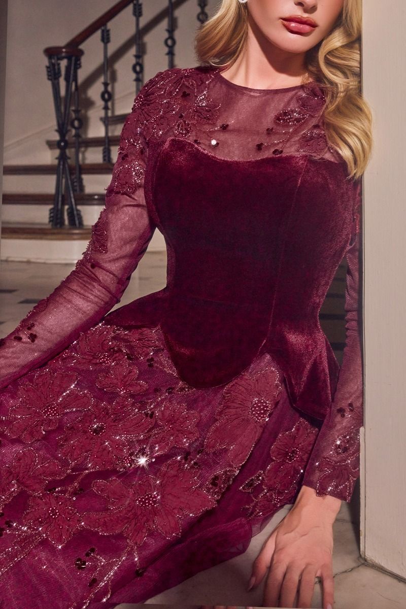 Long Sleeve Velvet & Lace Ball Gown