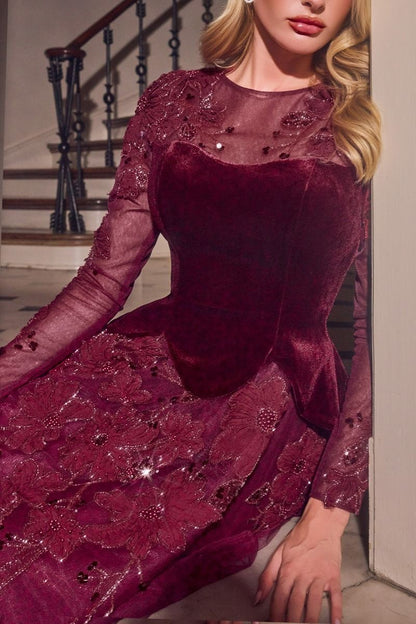 Long Sleeve Velvet & Lace Ball Gown