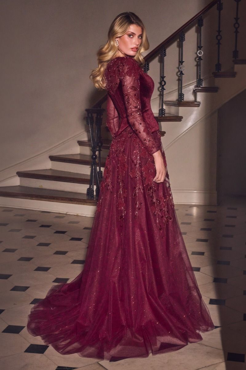 Long Sleeve Velvet & Lace Ball Gown