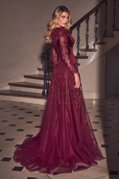 Long Sleeve Velvet & Lace Ball Gown