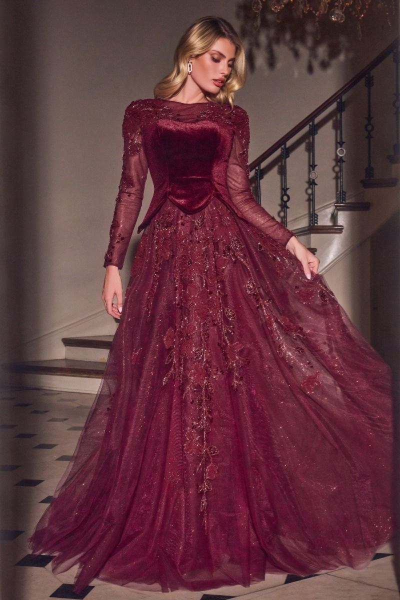 Long Sleeve Velvet & Lace Ball Gown