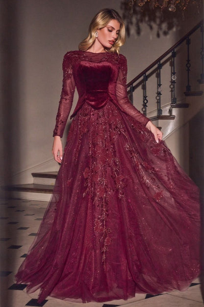 Long Sleeve Velvet & Lace Ball Gown
